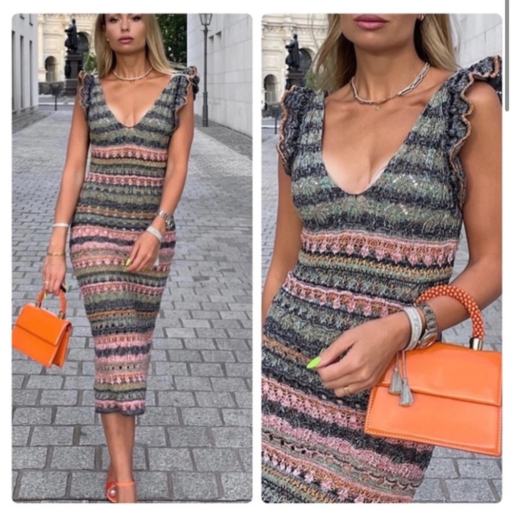 ZARA blogger’s fav ruffle pointelle knit open midi dress w/ ruffle sleeve small